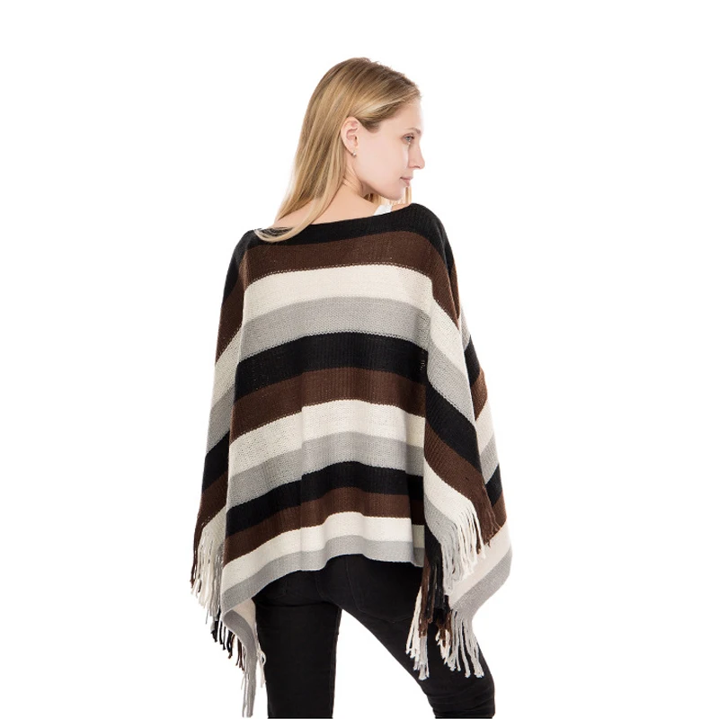 

Vintage Women Autumn Winter Pashmina Tassel Shawl Striped Knitting Ladies Pullover Poncho