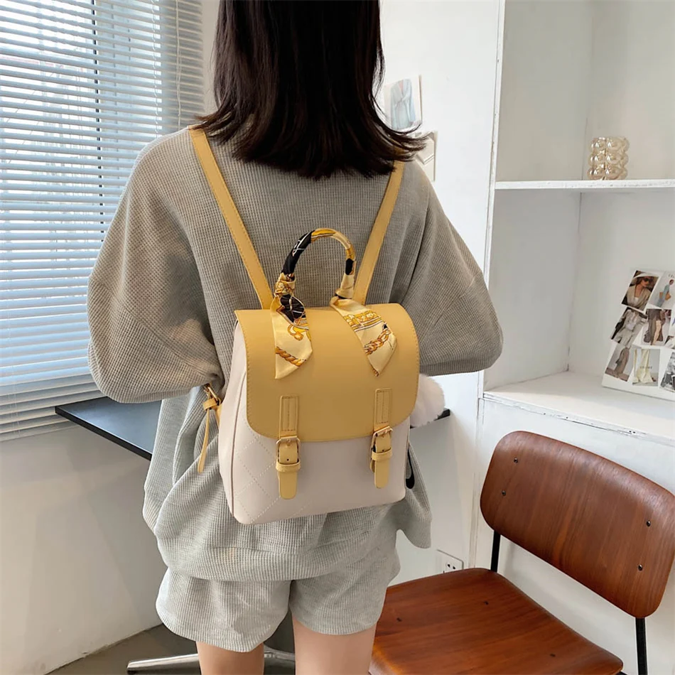 High Quality Leather Backpack for Female Women Fashion Bagpack Handbag Stitching Color Travel Shoulder Bag for Teenager Girls