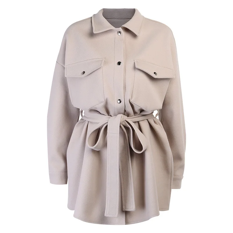 

Foridol Woolen Belt Autumn Winter Coat Jacket Women Short Knitted Trench Casual Black Elegant Ladies Tops 2020