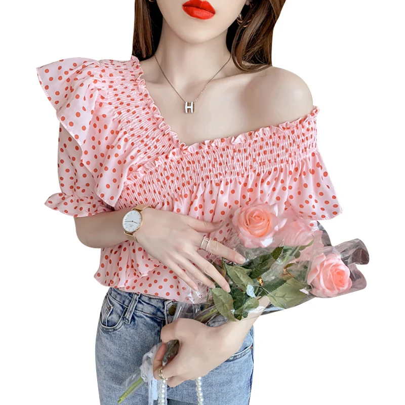 

Summer 2021 Korean version fashion slim slimming polka dot blouse Temperament chiffon Shirt cross ruffled chiffon Shirt Women