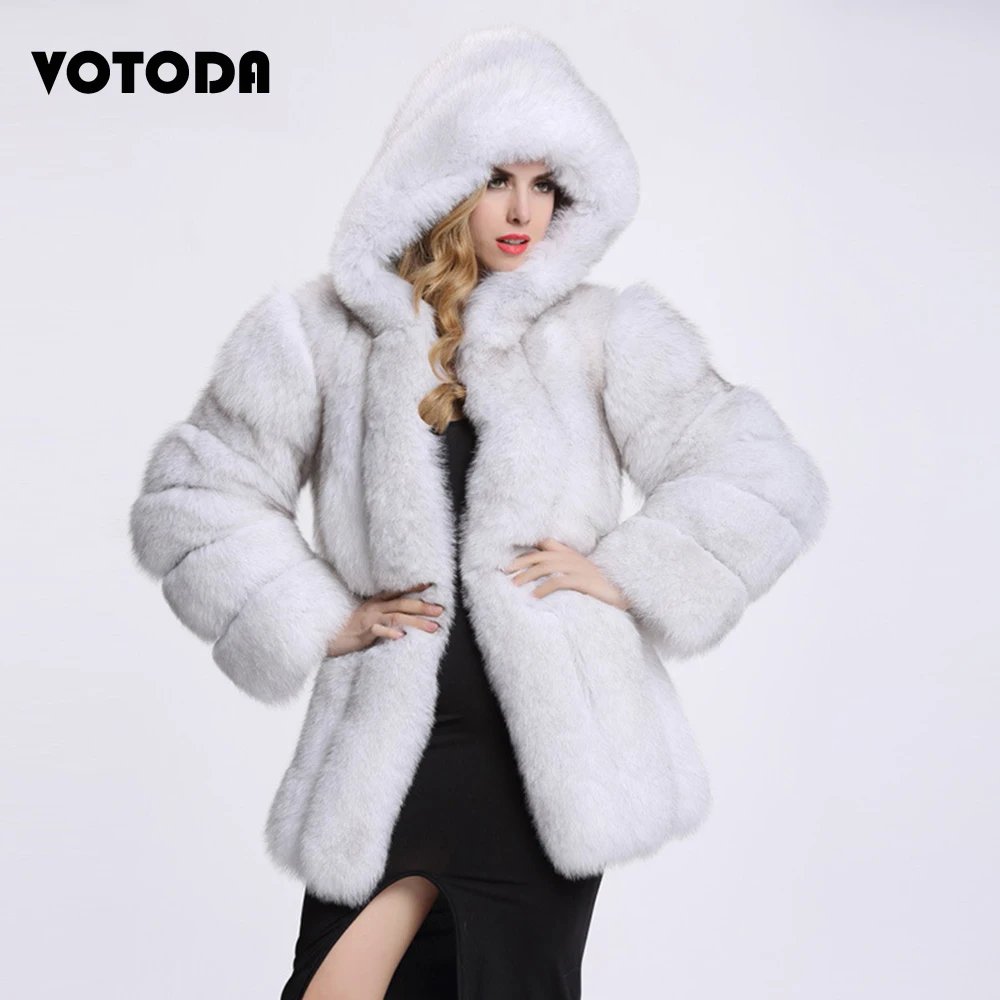 Warm Fashion Fox Fur Coat Women Fluffy Furry Mink Coat Winter Long Sleeve Hooded Overcoat Luxury Thick Outerwear Faux Fur Jacket