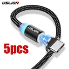 Магнитный USB-кабель USLION 5 шт., кабель типа C со светодиодной подсветкой для быстрой зарядки и передачи данных, Шнур Micro USB для iPhone 12, 11, Xiaomi, Samsung