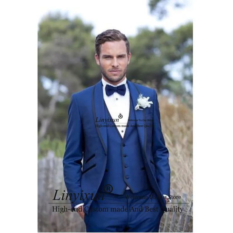 

Королевский синий мужской костюм, шаль с отворотом, свадебные Женихи, мужские костюмы, смокинги, деловые костюмы, 2020, костюм для мужчин, на за...