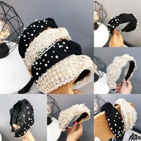 pearl hairband accessories wholesale fashion girls hoop middle knot hair women artificial pearls hair white black lace headband