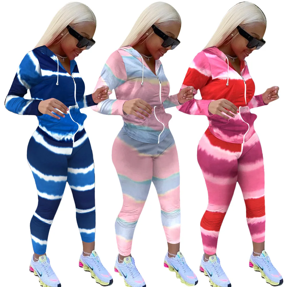 

Active Wear Gradient Striped Print Women's Set Hoodies Tops Jogger Pants Suit Tracksuit Two Piece Set Fitness Outfit