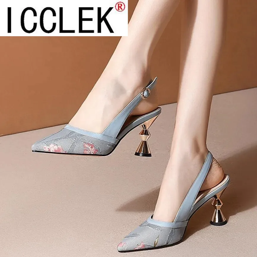 

Women Fashion Color Block Embroidered Pumps Ladies Designer Brand Sandals Pointed Toe High Heels Shoes 2021
