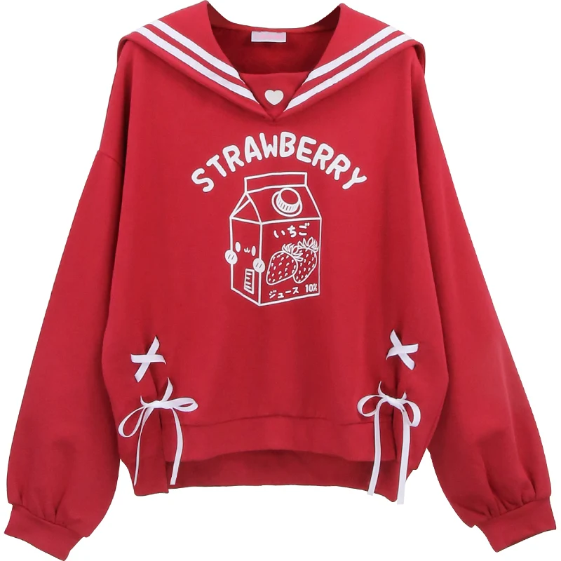 

Himifashion Lolita Sweet Women Red Sweatshirt Japanese Kawaii Strawberry Cat Graphic Girls Lace Up Female Cute Anime Hoodies