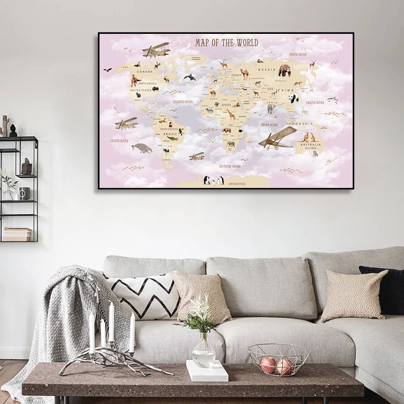 

Colorful Animal Airplane World Map Poster Canvas Painting Poster and Prints Wall Art for Home Kids Room Decoration