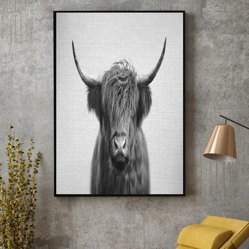 

Black White Highland Calf Canvas Painting Art Print Poster Picture Wall Modern Minimalist Bedroom Living Room Decoration