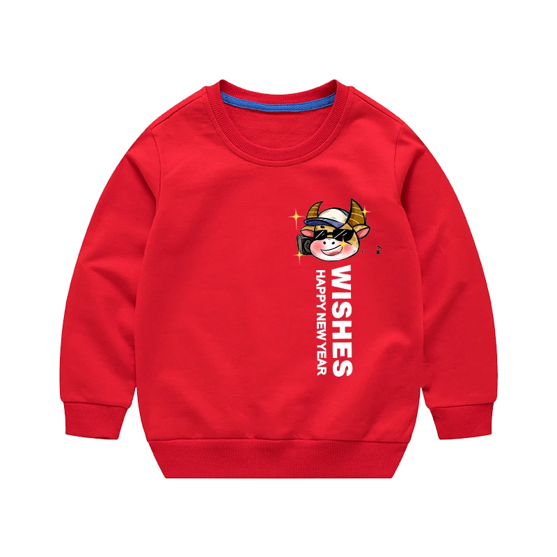 

2021 Spring Autumn New Chinese Wind Boys Clothes Solid Color Cartoon Cow Letters O-Neck Printing Long Sleeves Kids Sweatshirt