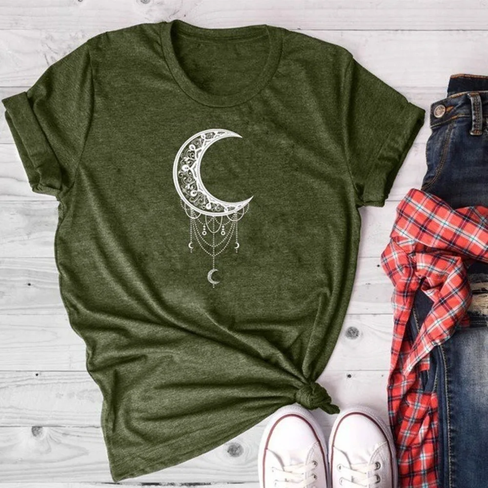 

Crescent moon pattern printing plus size loose short sleeve T-shirt for men and women