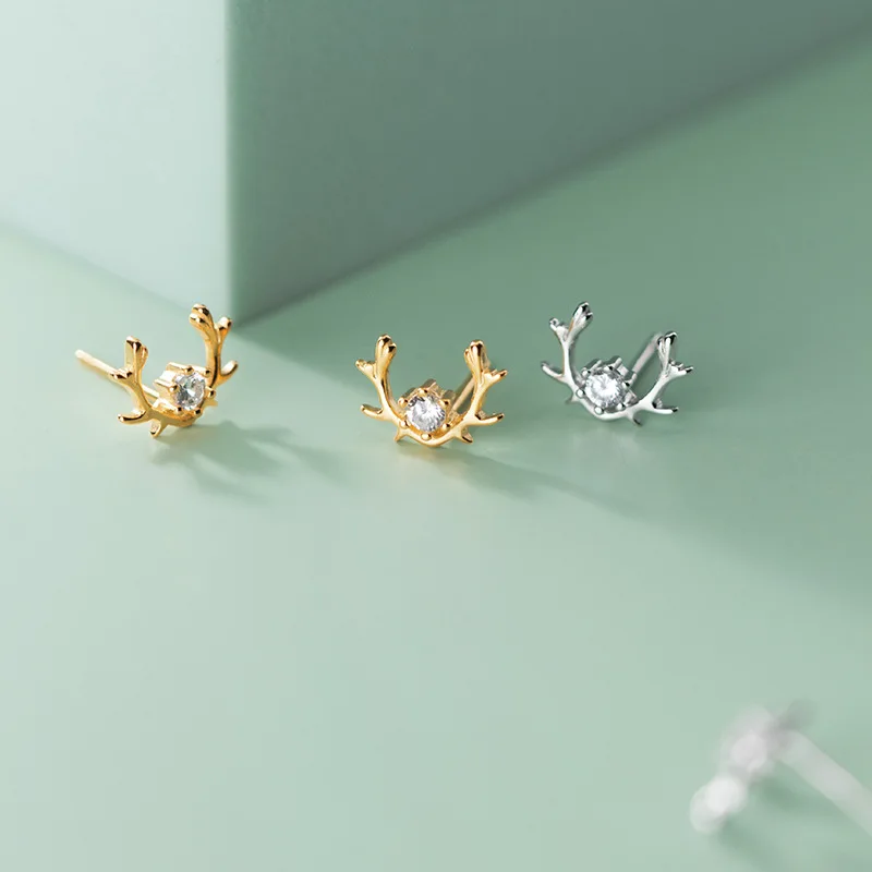 

100% реальные 925 стерлингового серебра с принтом рождественского оленя и надписью в виде оленьих рогов и серьги-гвоздики милый цирконием, сер...