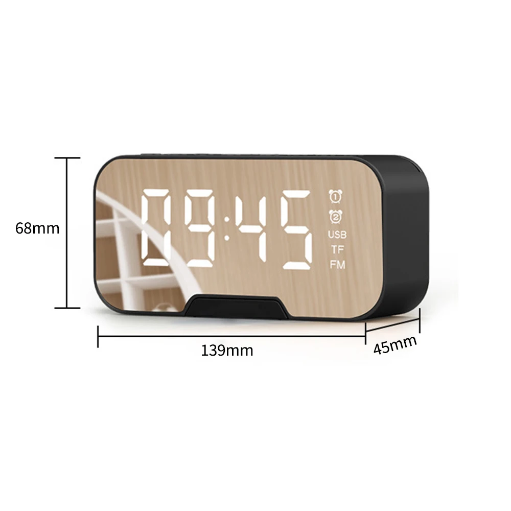 

Bluetooth Speaker With FM Radio LED Mirror Alarm Clock Subwoofer Music Player Snooze Desktop Clock Wireless