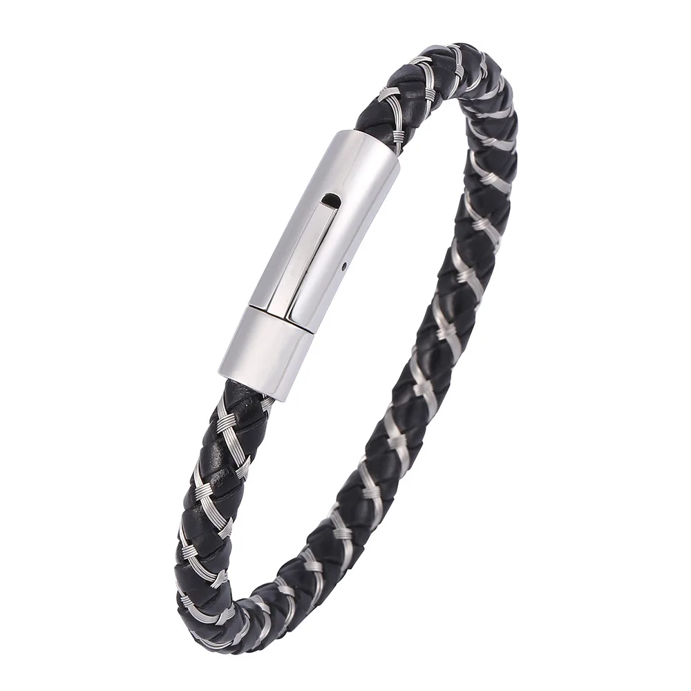

Men's Bracelet New Simple Fashion Stainless Steel Button Black Braided Rope Leather Bracelets OL Style Accessories Gift for Men