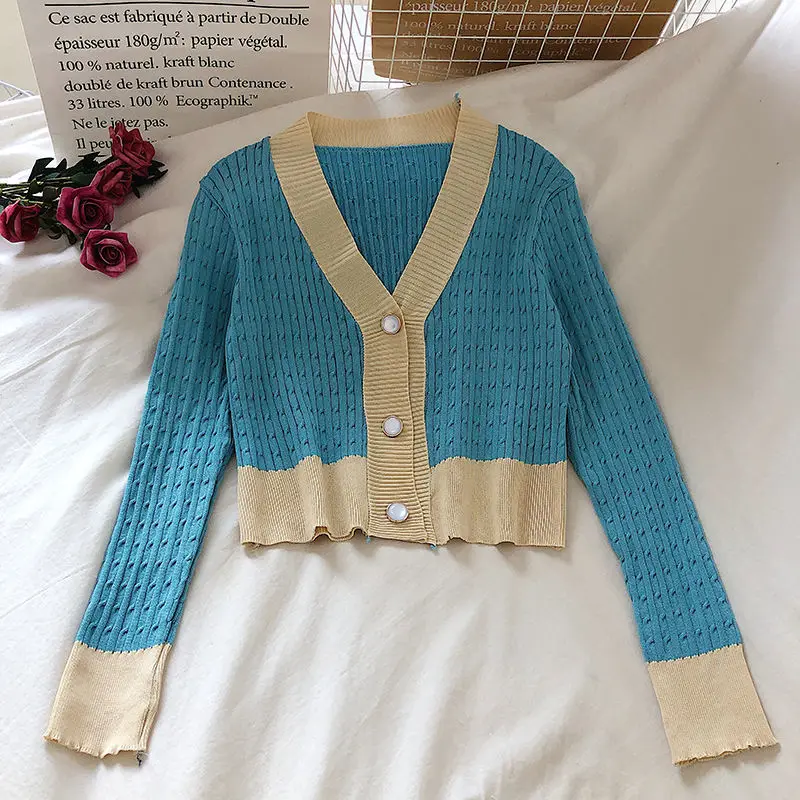 

Женский Тонкий однобортный Кардиган, облегающая короткая трикотажная куртка, однотонная верхняя одежда с длинным рукавом, свитер, весна-ос...