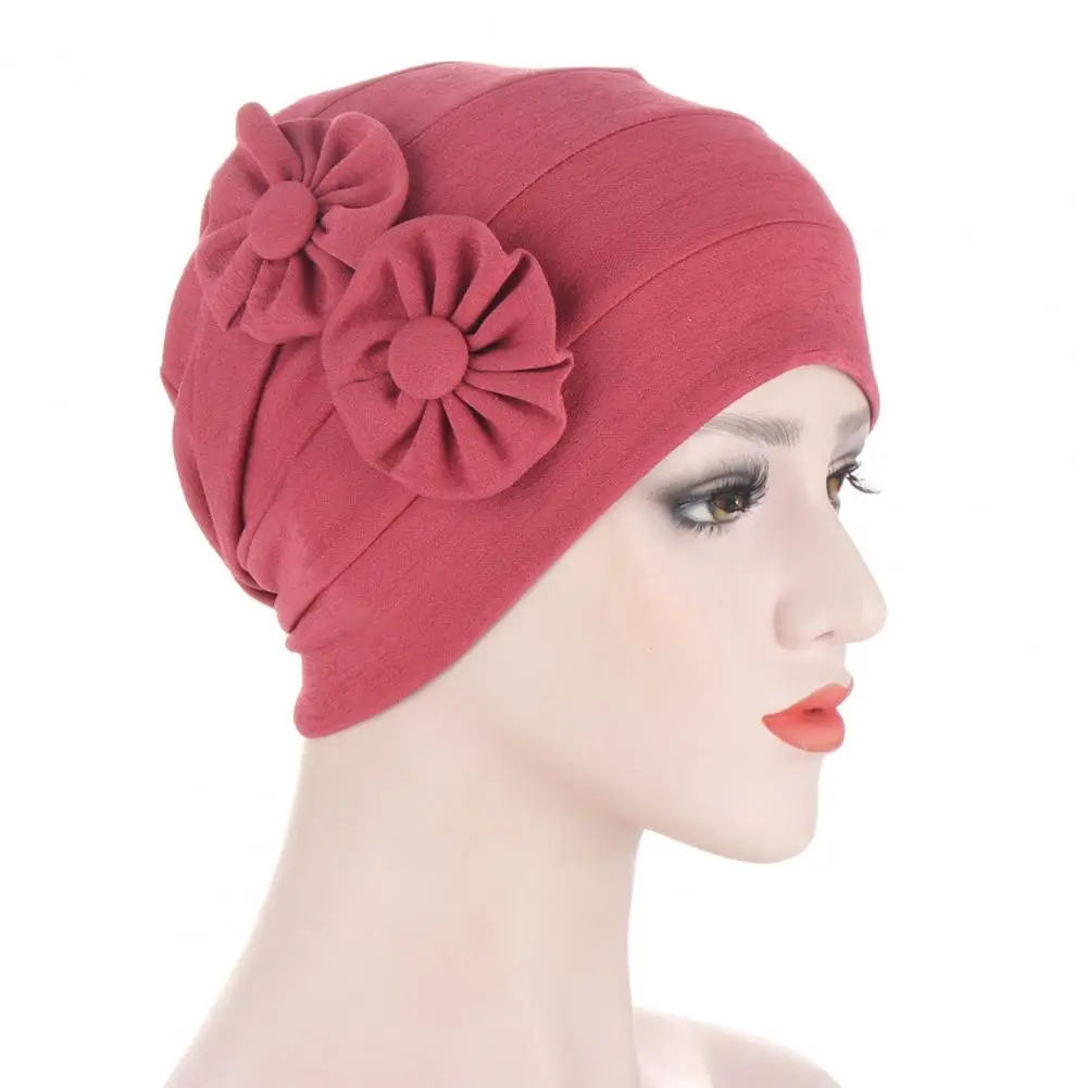 

Women Beanie Solid Color Flowers Soft Elastic Linen Blend Head Wrap Hat for Daily Life