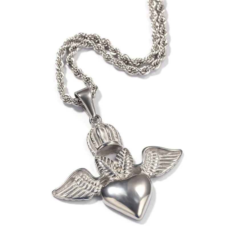 Ожерелье из нержавеющей стали с подвеской в виде крыльев Ангела короны сердца