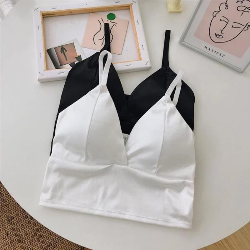 Women Wireless Bralette Crochet Top Sexy Satin Crop Tops Female Spaghetti Strap Tshirt Cropped With Chest Padded Camisole