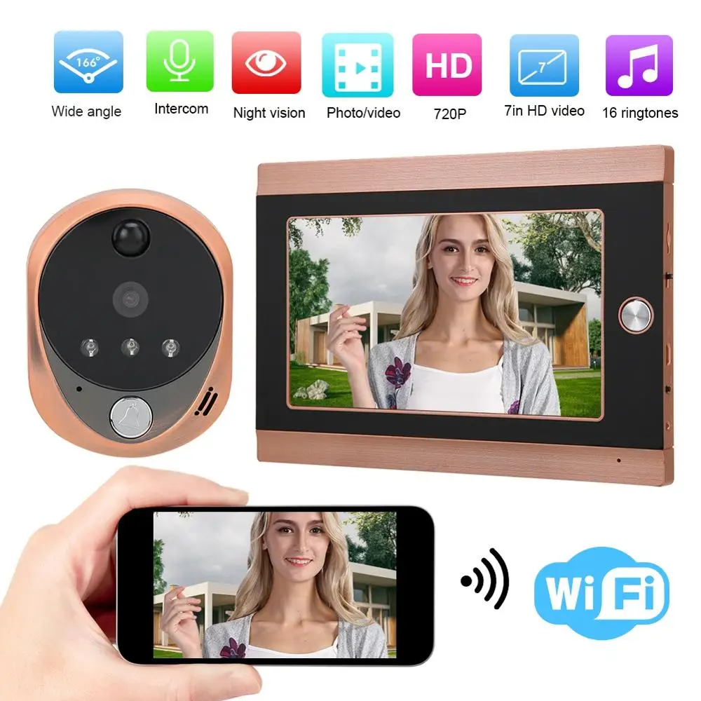 7 дюймов дверной звонок WI-FI Беспроводной ЖК-дисплей Экран 720P HD PIR Камера 16 Звонок дверной глазок звонок