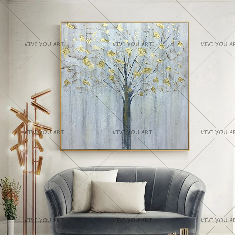 

Большая абстрактная картина маслом с золотыми цветами и деревьями, холст ручной работы, картина маслом на дереве, Настенная картина для оте...