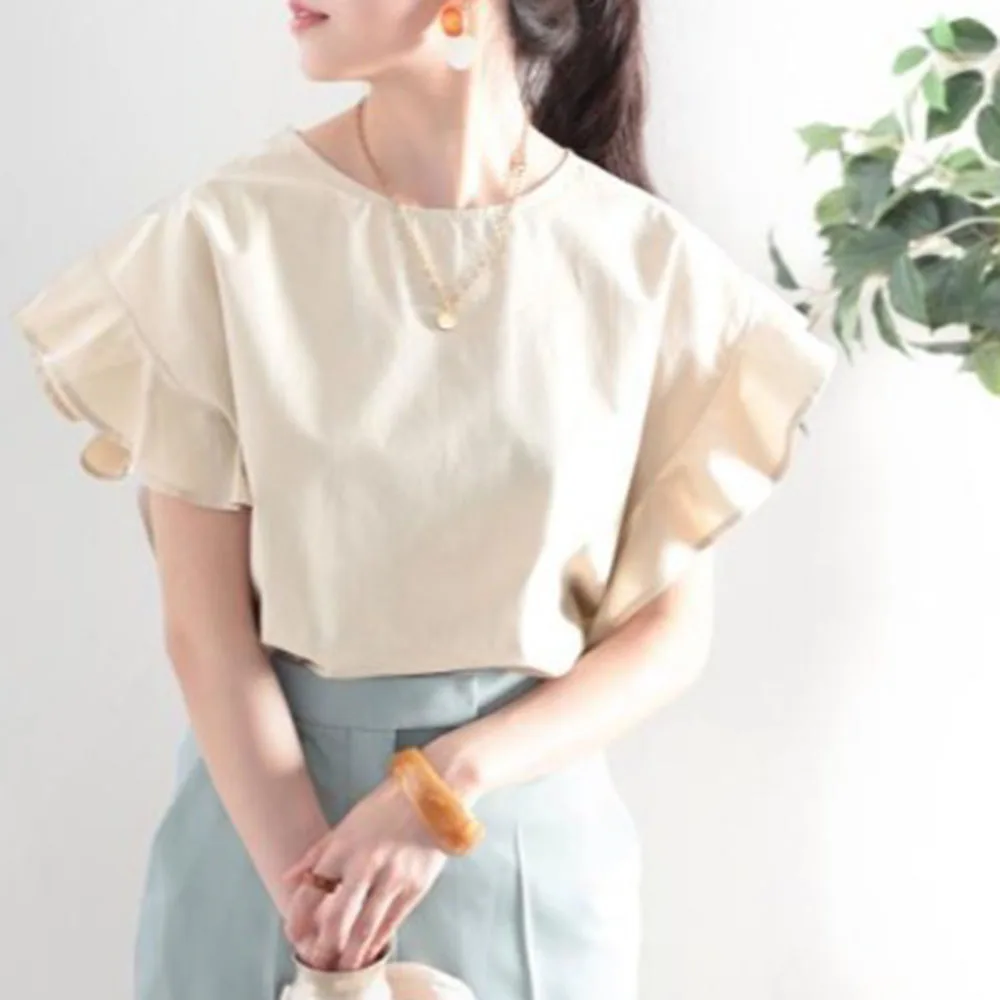 

Женская блузка с оборками, повседневная однотонная Свободная блузка с круглым вырезом в японском стиле, лето 2021