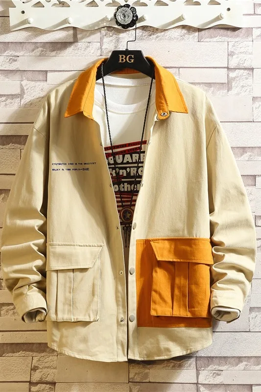 

Men Korean Fashions Jackets 2019 Autumn Mens Japanese Streetwear Color Block Windbreaker Harajuku Khaki Coats Plus Size