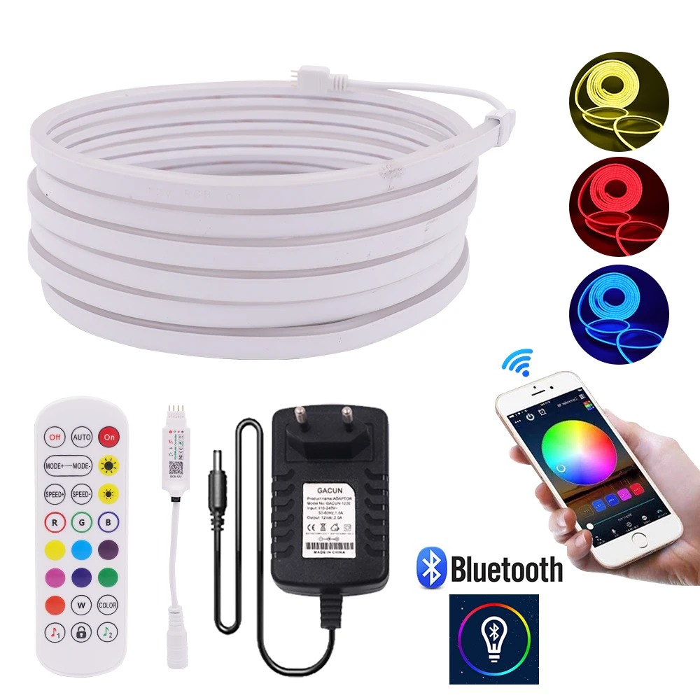 

EU US AU UK Set Bluetooth RGB Neon Strip DC 12V SMD 3535 96 LEDs/m Flexible Tape Ribbon LED Strip Light For Home Decor