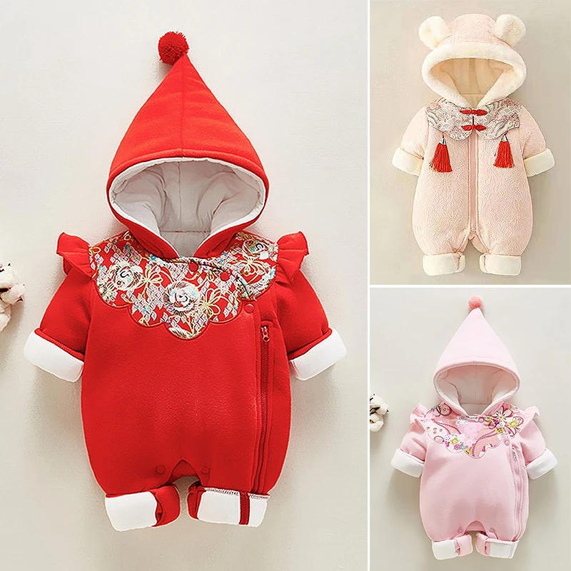 

Китайский традиционный Детский Теплый комбинезон, новогодний костюм для новорожденных Тан, комбинезон для младенцев с капюшоном для мальч...