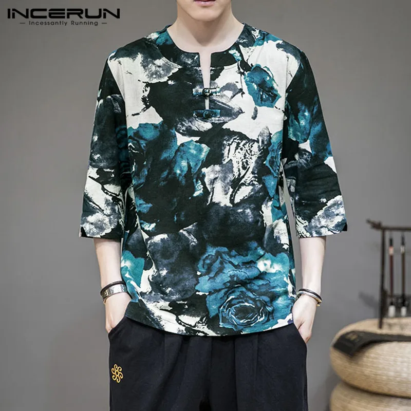 

INCERUN Vintage 2021 Men Shirt 3/4 Sleeve Cotton V Neck Chic Casual Tops Printing Streetwear Leisure Chinese Style Camisas S-5XL