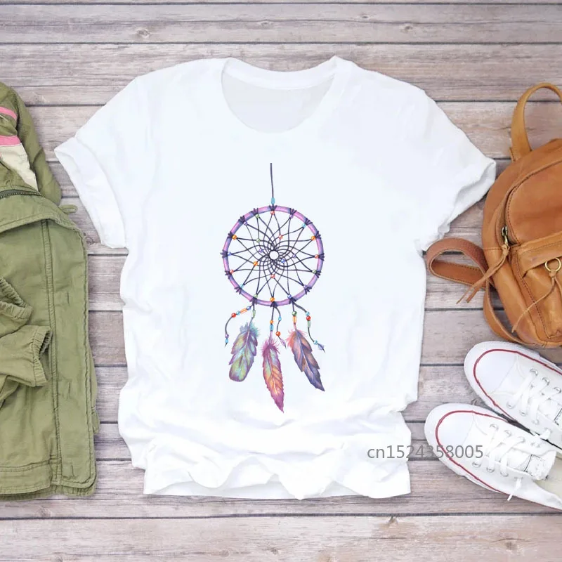 

Women Watercolor Feather Dream Print Tshirt Casual O-neck Short Sleeve Basic Tee Shirt Female White Clothes T-shirt Streetweat