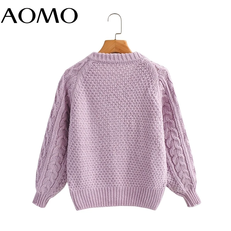 

AOMO Women Elegant Purple Crop Twist Cardigan Vintage Jumper 2021 Knitted Cardigan 1F355A
