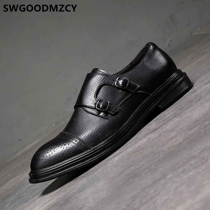 Туфли Броги мужские классические кожа двойной ремень свадебная обувь для офиса