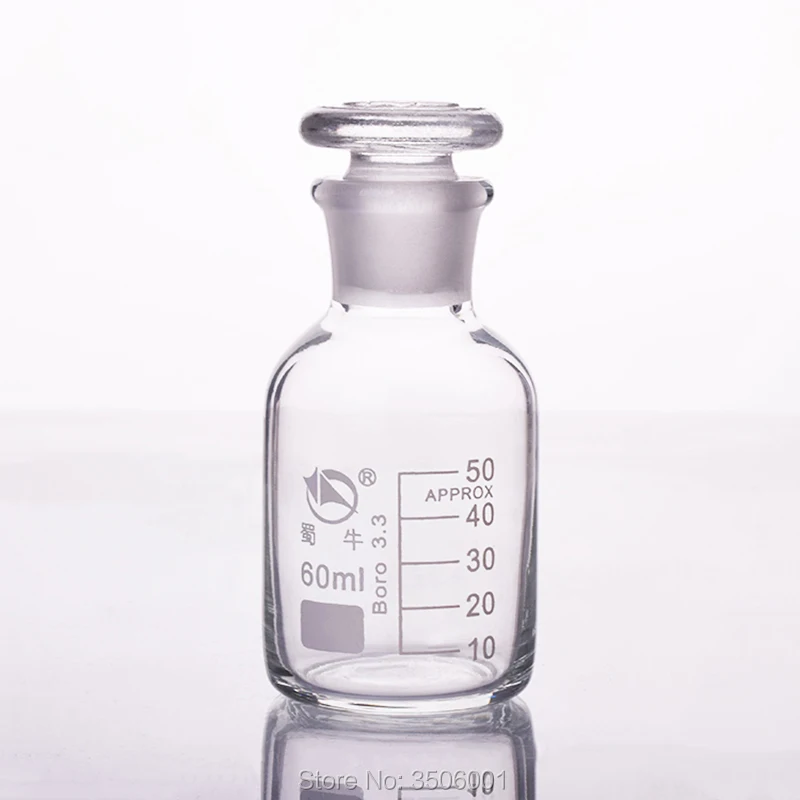 

Reagent bottle,Narrow neck with standard ground glass stopper,Clear,Boro. 3.3 glass,Capacity 60ml,Sample Vials