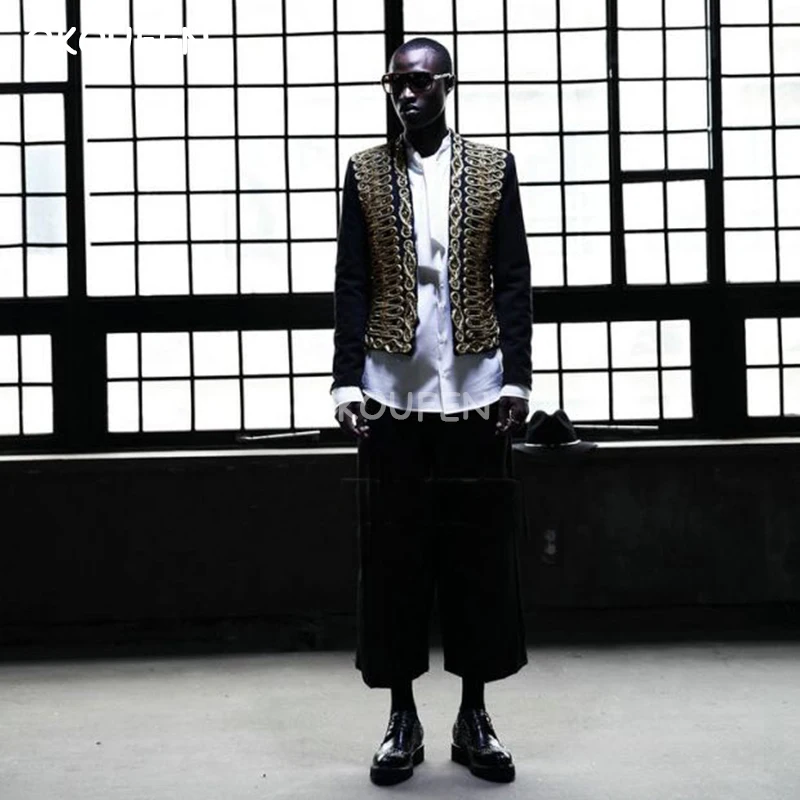 

Fashion night club show singer dancer stage performance handmade heavy handmade coat men's gold rope royal suit jacket