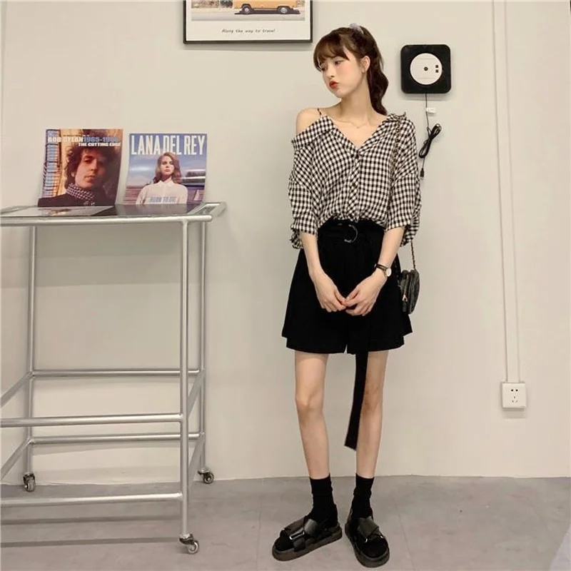 

Fashion Summer Tops 2021 Plaid Shirt Women Tops and Blouses Off Shoulder Single-breasted Top Blouse Shirts Blusa Feminina Y527