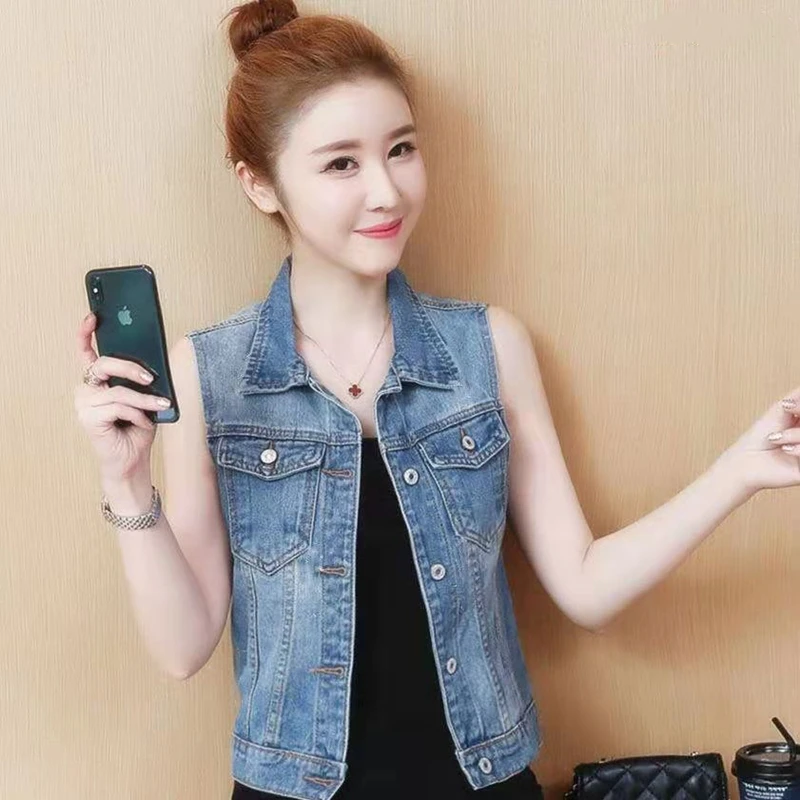 Женский джинсовый жилет универсальный без рукавов винтажная куртка из денима в