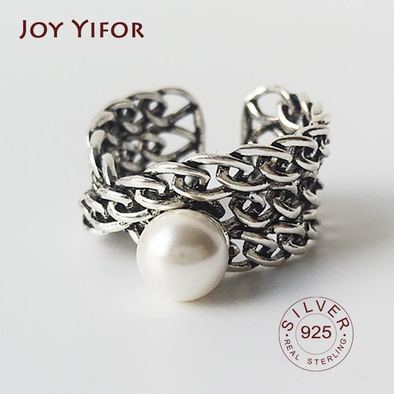 

100% Pure 925 Sterling Silver Ring Fashion Simple vantage pearl Ring Thin Geometric finger Ring For Women Jewelry Anti Allergy