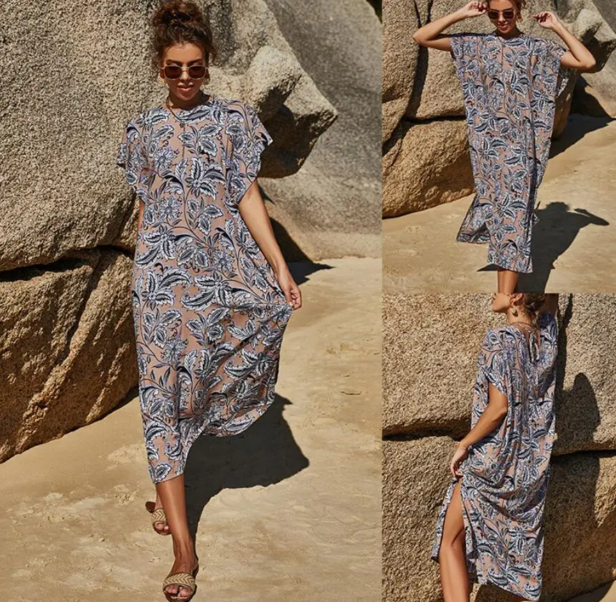 

Fashion Printed Mid-Length Summer Short-Sleeved Round Neck Women's Loose Casual Sexy Split Dress Get 6 PCS Nose Strips Free