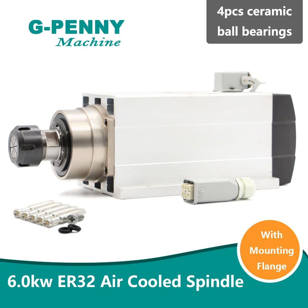 

Шпиндель с воздушным охлаждением 6,0 кВт ER32, 300 Гц, 220 В/380 В с монтажным фланцем, 4 шт., керамические шарикоподшипники, точность 0,01 мм