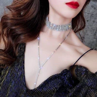 european and american hot selling long tassel necklace shiny rhinestone necklace clavicle chain crystal necklace jewelry gift