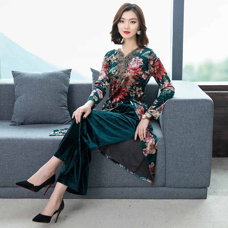 2019 осенние бархатные комплекты из двух предметов с принтом женские длинные