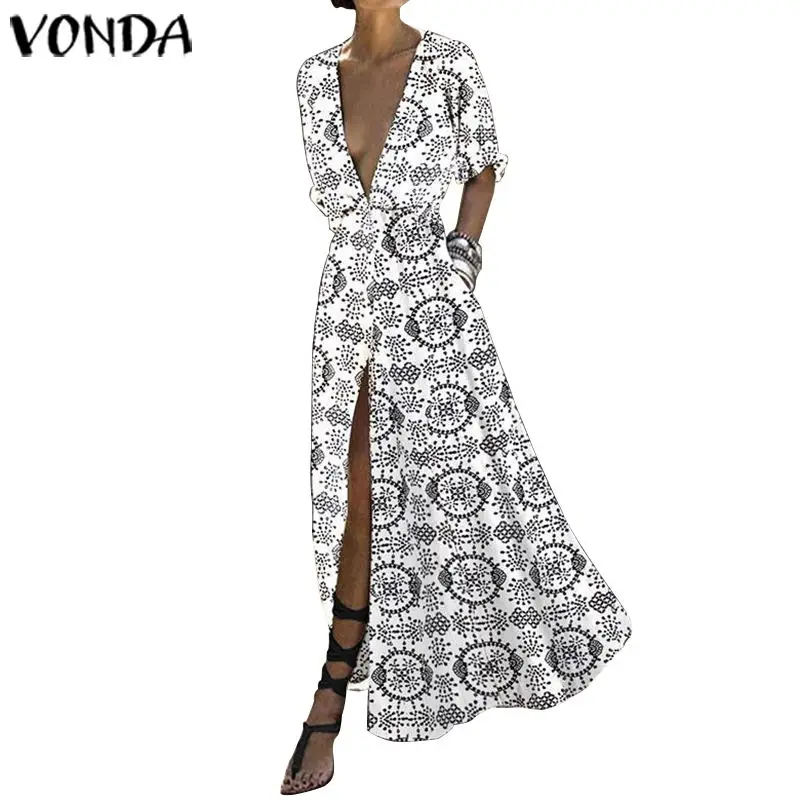 Женское платье с леопардовым принтом VONDA, Осеннее сексуальное платье с v-образным вырезом и высокой талией, длинное пляжное платье макси для вечеринки, повседневные платья размера плюс - Цвет: White