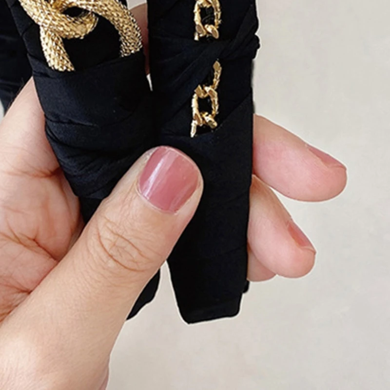 

Korean Women Faux Leather Wide Headband Punk Metal Chains Embellished Hair Hoop M5TE