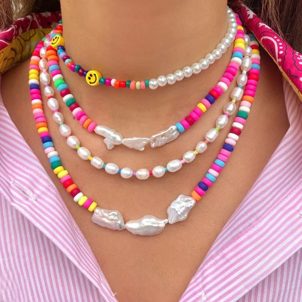 

Multicolor Simulated-pearl Beaded Necklace Women Rainbow Color Acrylic Glass Bead Strand Handmade Clavicle Chain Fashion Jewelry