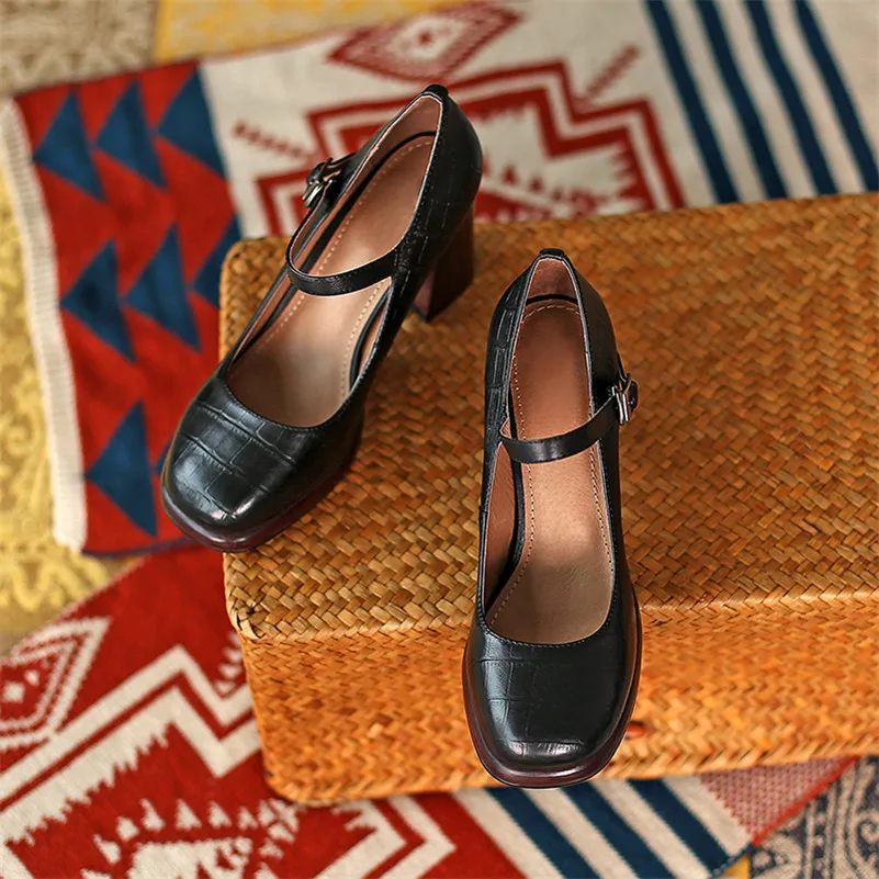 

ANNYMOLI Genuine Leather Platform Super High Heel Shoes Women Pumps Block Heels Buckle Strap Footwear Female Party Shoes Black