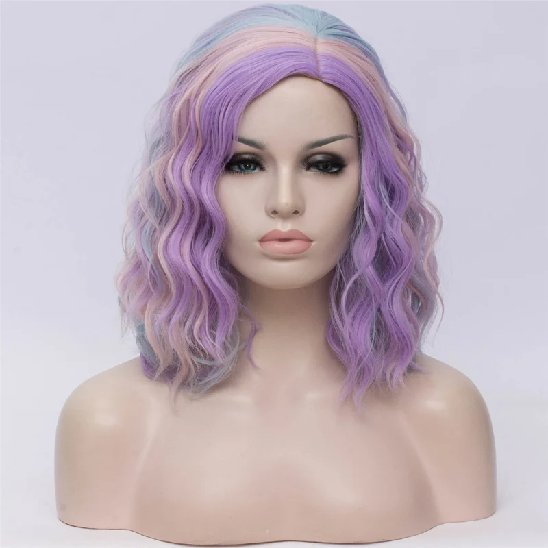 mixed purple MSI парики Короткие Косплей парики для женщин цвет радуги волнистые парики сторона Центральная линия волос Cos синтетический розовый чистая Омбре волос - Цвет: mixed purple