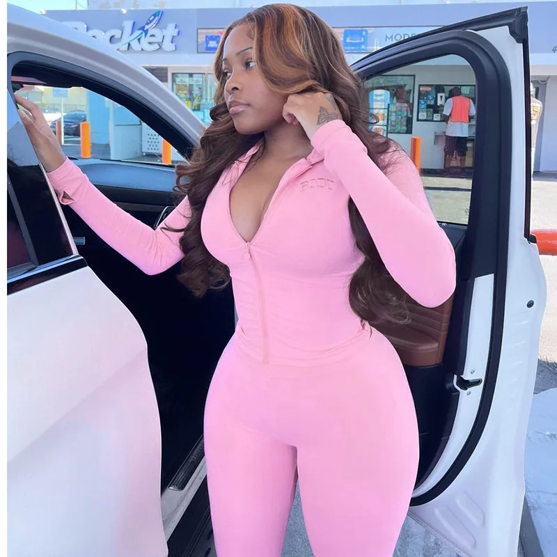 

Женский спортивный костюм с вышивкой, однотонный Повседневный укороченный жакет с капюшоном и брюки-карандаш, спортивный облегающий костю...