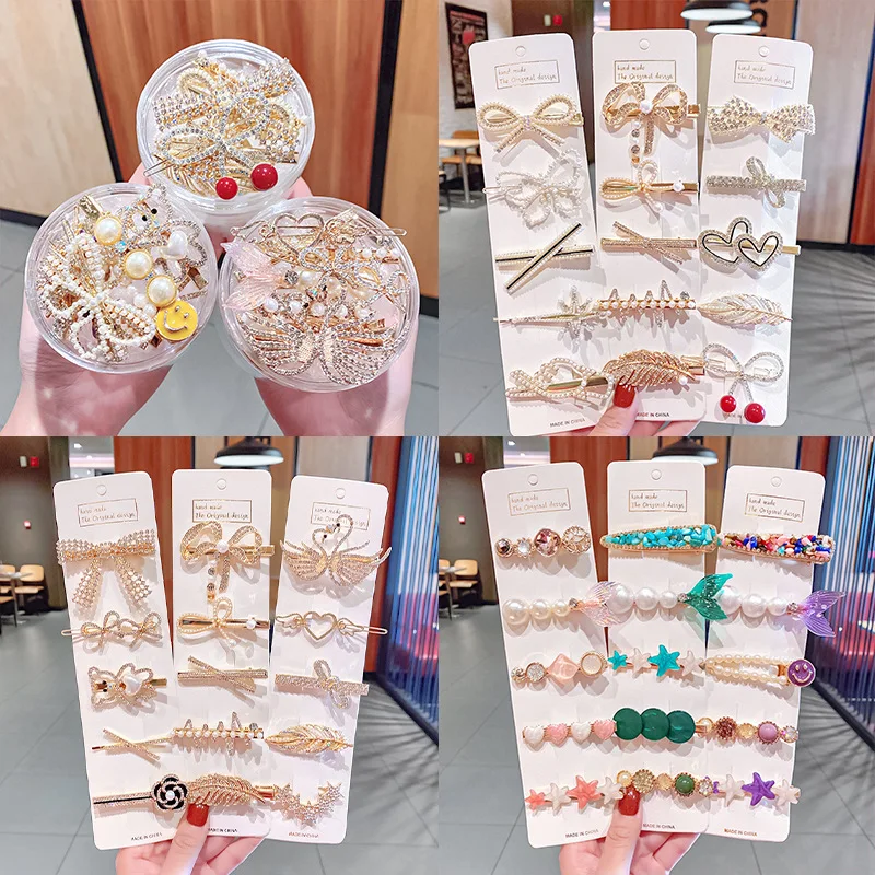 

5PCS/Set New Women Luxury Rhinestone Pearl Bow Feather Metal Hair Clips Sweet Hairpin Barrette Headband Fashion Hair Accessories