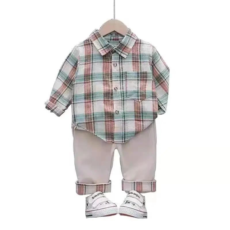 

Single Breasted Suit Lattice Children's Boys' Casual Autumn Shirt Two Pieces