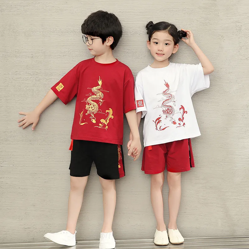 

Traditional Chinese Clothing Children's Short-Sleeved Shorts Suit Retro Dragon Pattern Red Ethnic Style Summer Tang Suit Hanfu